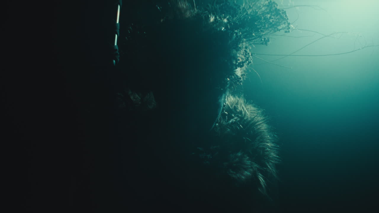 A creepy witch stands in the moody pose during the night storm