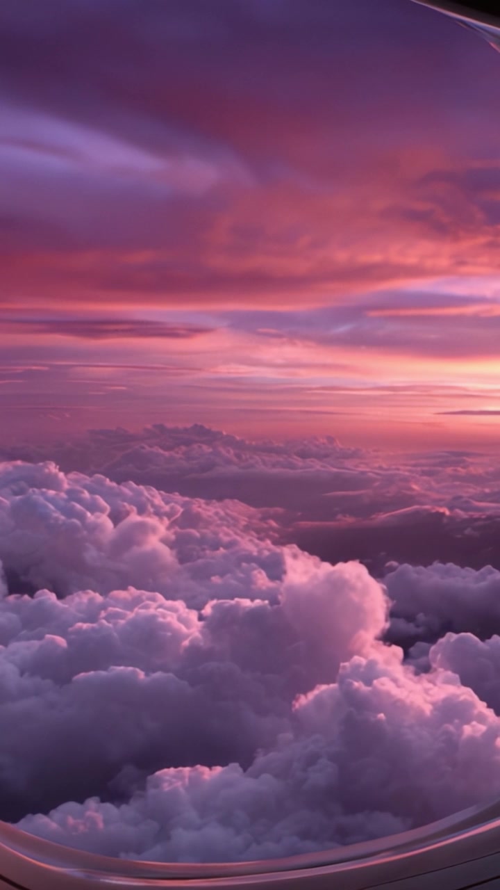 Una vista aerea mozzafiato di nuvole colorate e un tramonto vibrante catturata da un finestrino di un aereo, che mostra la straordinaria bellezza della natura nel cielo.