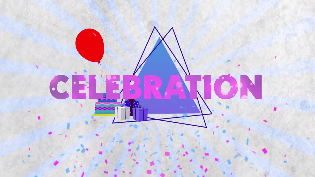 Celebration text animation over colorful gifts, balloon, and confetti background