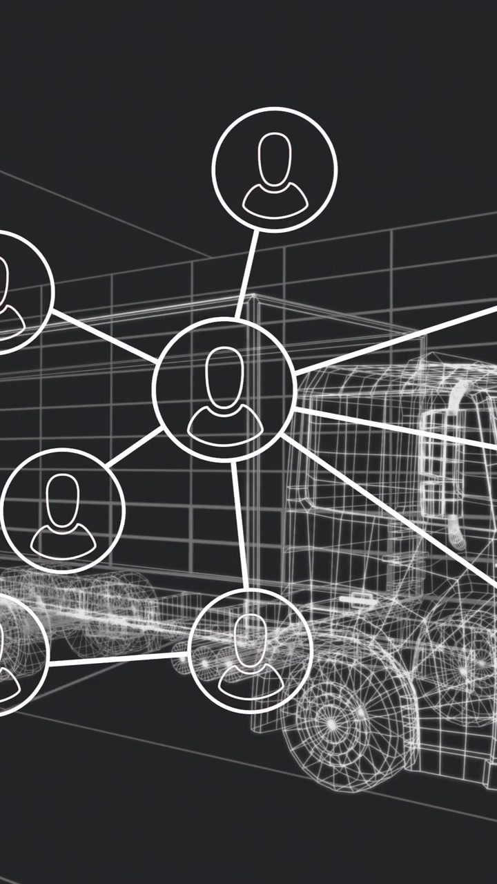 Animazione di rete di connessioni ed elaborazione dati su wireframe di camion