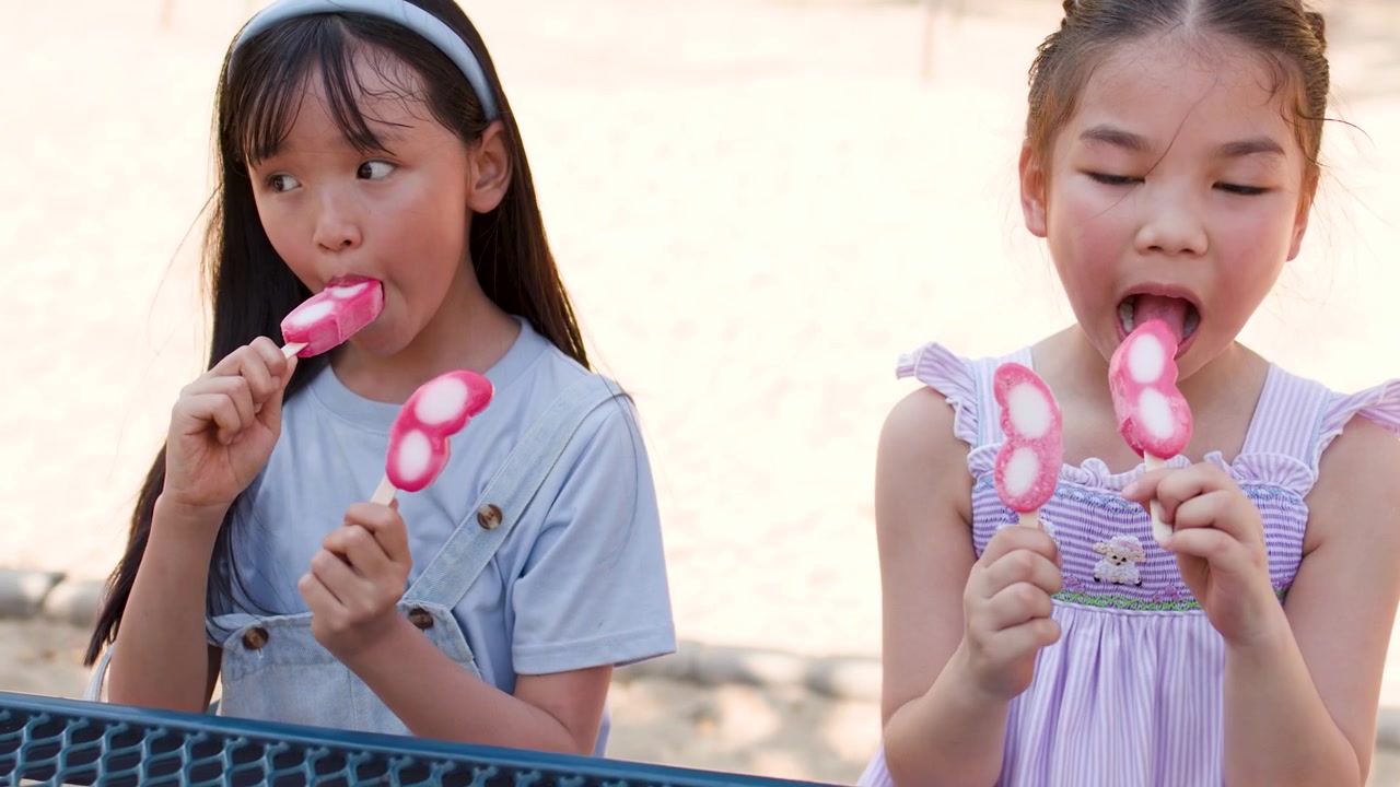 Due bambine gustano ghiaccioli rosa in un parco giochi all'aperto e soleggiato a Bangkok.