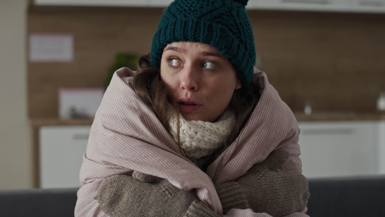 Caucasian woman wearing the warm clothes and covering the duvet.