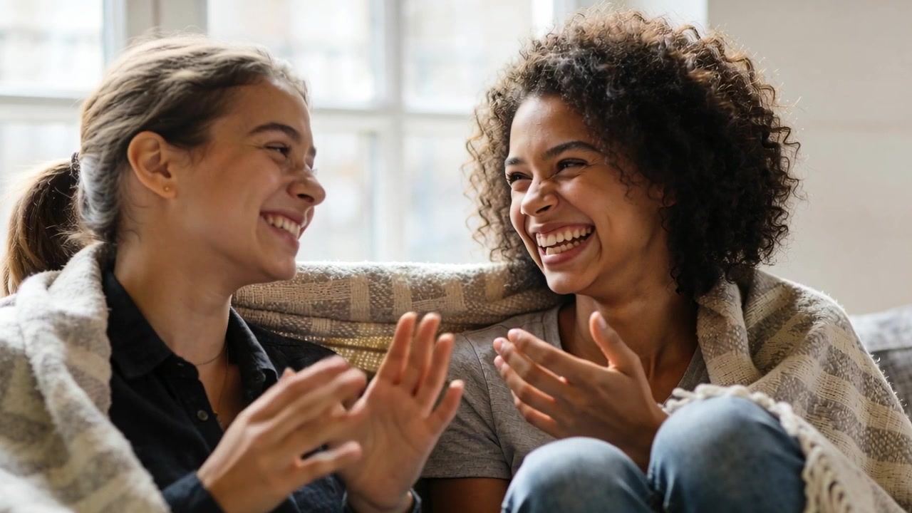 Una donna a sinistra parla, suscitando risate, mentre due persone sono avvolte in una coperta sul divano, vestite in abiti casual.