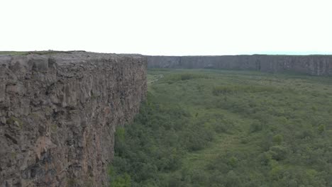 Steep-volcanic-basalt-cliffs-at-Asbyrgi-canyon-in-Iceland,-aerial