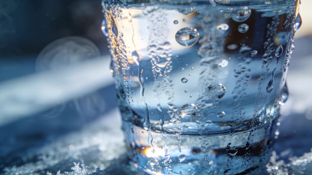 Une lumière chaude éclaire le verre, des gouttes de condensation coulent sur le verre sur un rebord givré, et des bulles montent.