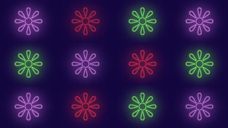 Abstrakte-Sommerblumen-Symbole-In-Reihen-Mit-Neon-LED-Licht