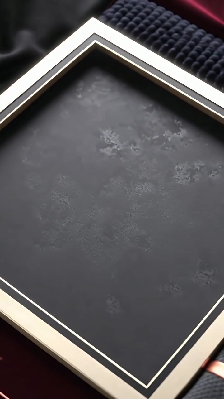 Vertical video: Tilting camera showing gold frame black insert copper ribbon on bed to show details