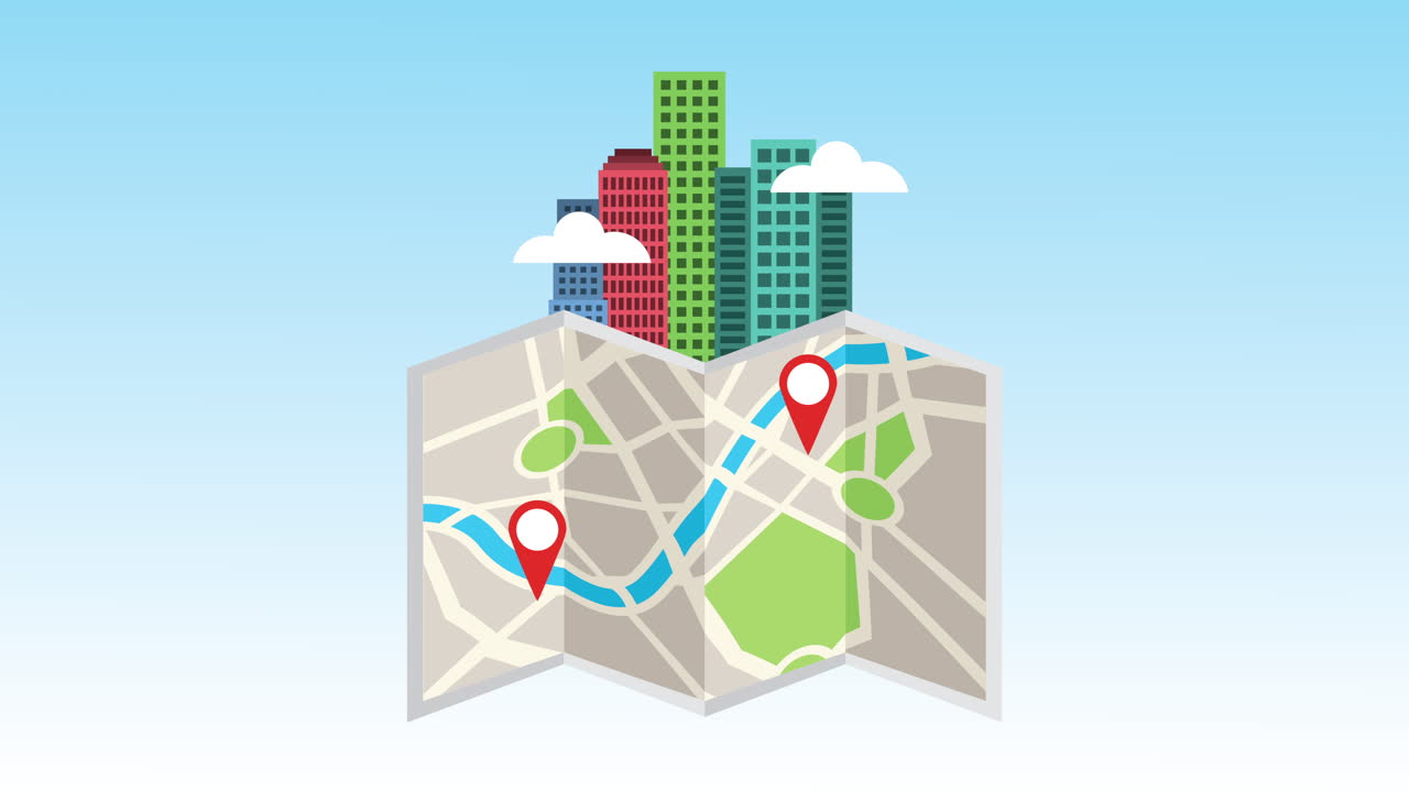 escena de edificios del paisaje urbano con mapa de papel