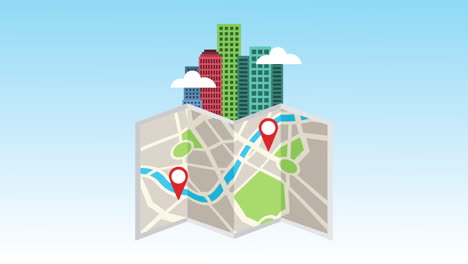 escena de edificios del paisaje urbano con mapa de papel