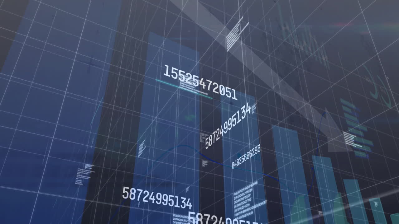 Displaying holographic data panel floating in 3D interface, showing numeric strings and bar charts