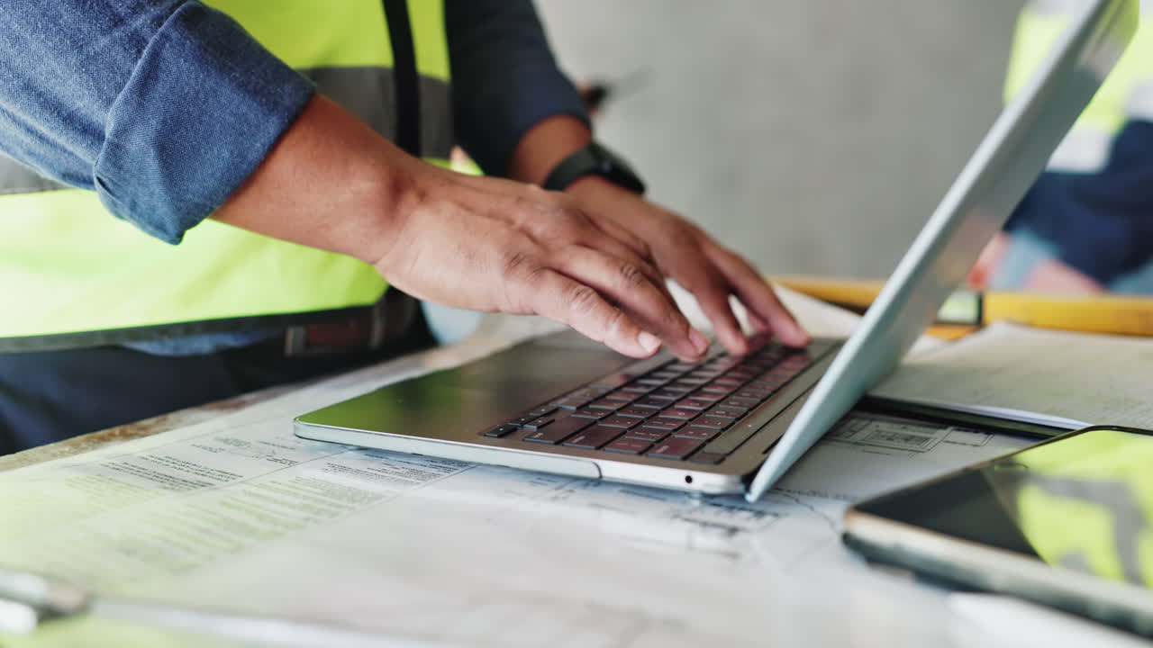 Bygningsarbejder bruger bærbar computer på arbejde.
