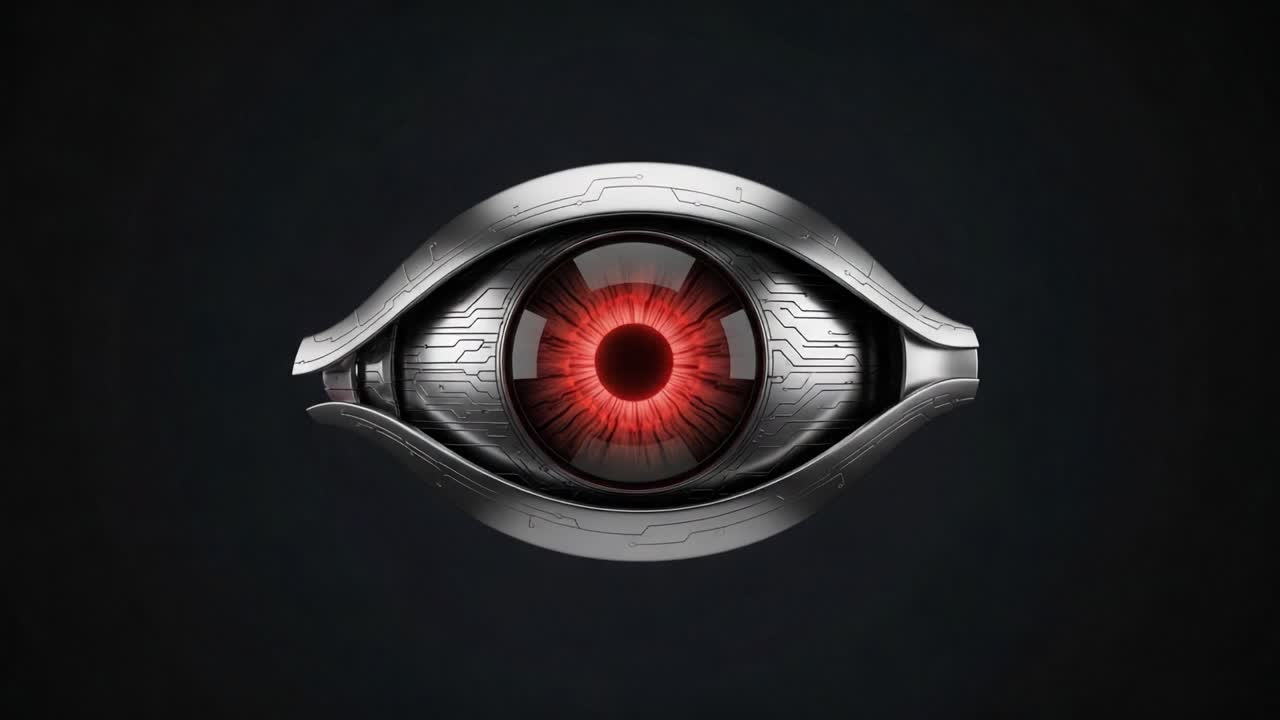 A Futuristic Eye Design Featuring a High-Tech Metallic Appearance with a Striking Red Iris and Intricate Circuit Patterns, Symbolizing Vision and Technology