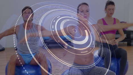 animación de interfaz digital sobre personas que hacen ejercicio con bolas de estabilidad en el gimnasio