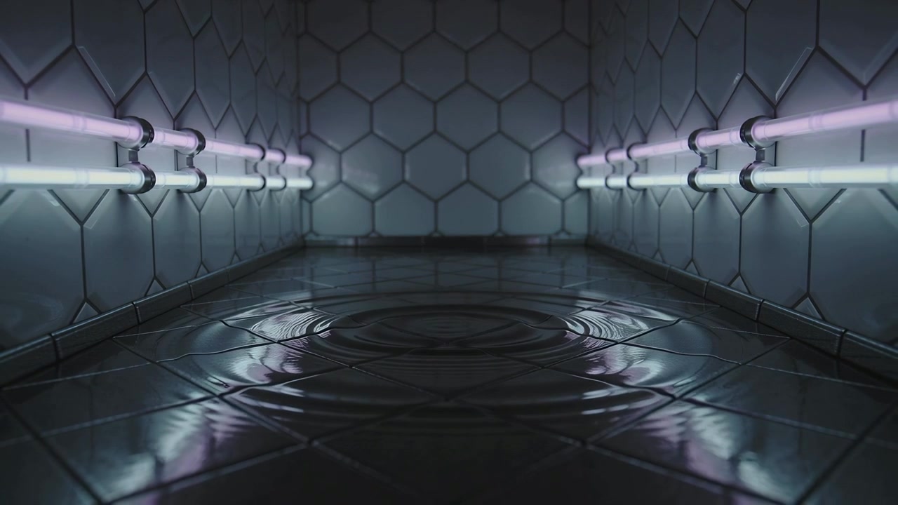Rippling center tiled floor sending ripples across sci-fi room after pulse, neon tubes on hex walls
