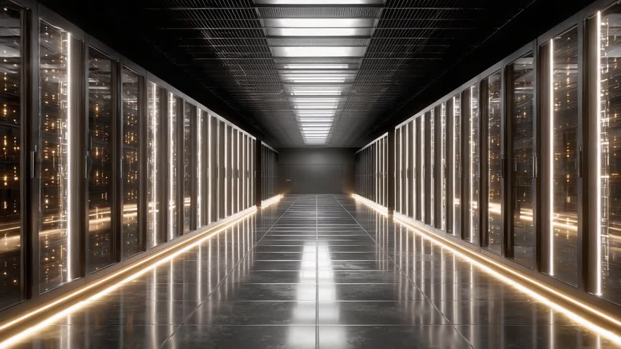 Una sala server elegante e moderna con luci brillanti e apparecchiature ad alta tecnologia, che sottolinea l'importanza dell'archiviazione dei dati e dell'infrastruttura di rete nell'era digitale.