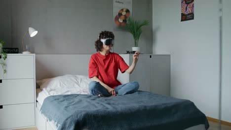 woman relaxing while using vr headset in bedroom