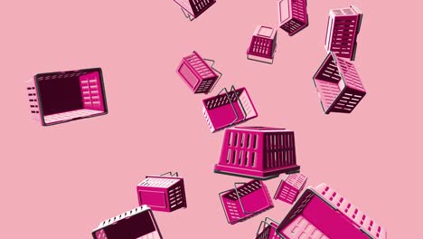 purple plastic shopping baskets on pink background.