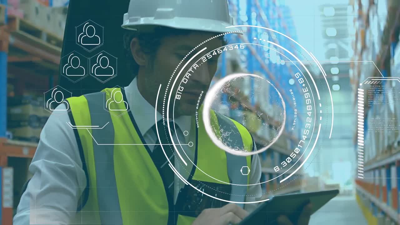 창고에서 태블릿을 사용하여 사람 위의 범위 스캐닝과 지구의 애니메이션