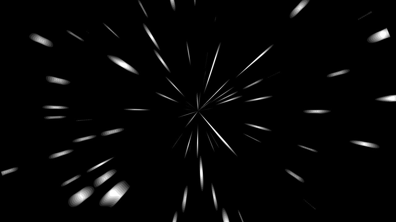 Una transizione unica in stile cartone animato, nera e bianca opaca, che simula un tunnel o particelle in rapido movimento.