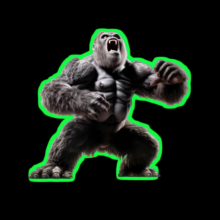Animeret gorillavæsen brølende og løftende arm med grøn omrids