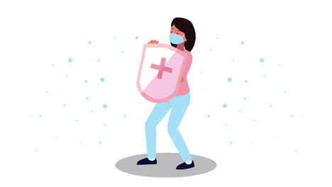 woman with shield covid19 prevention animation