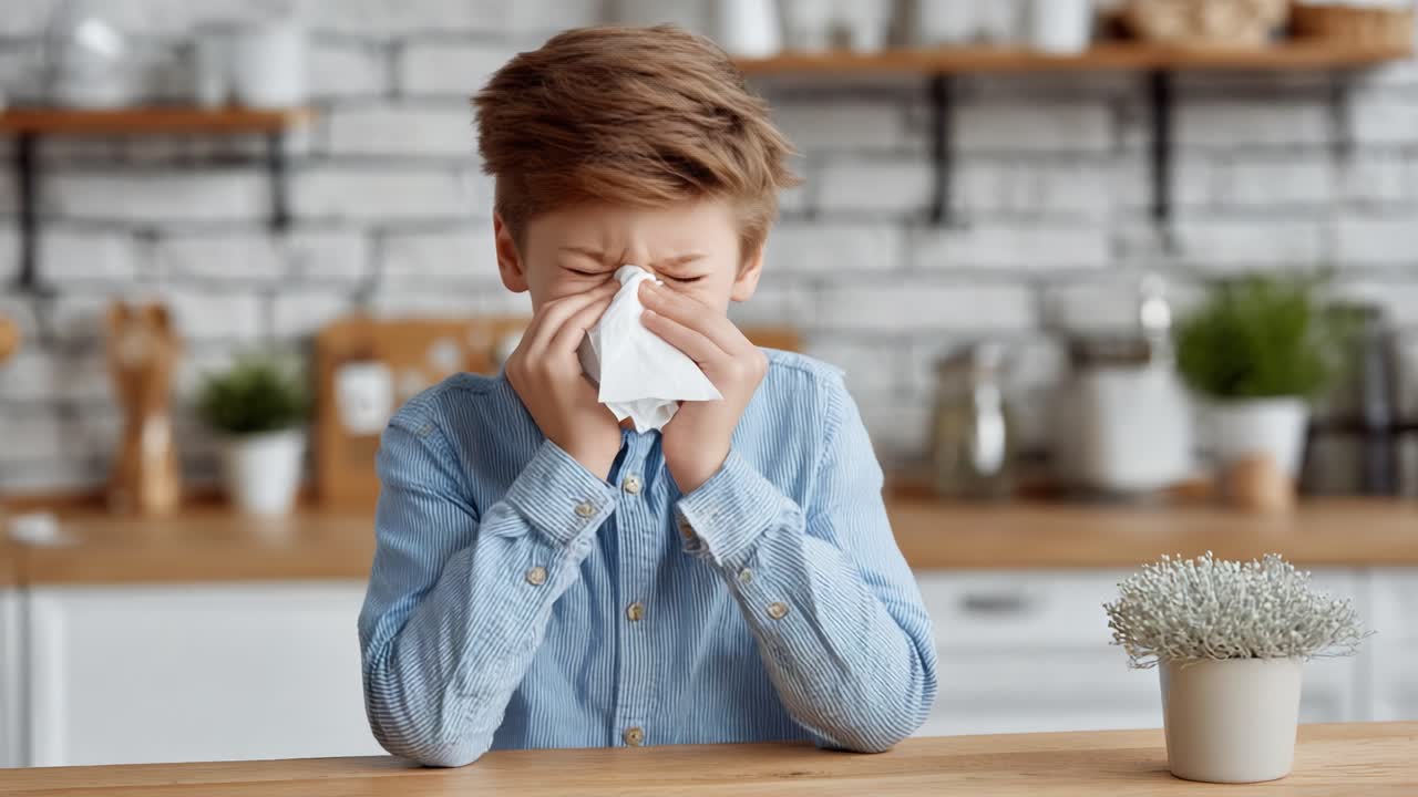 Young Boy Struggles with Allergies or Cold, Blowing Nose into Tissue While Sitting at Kitchen Table Surrounded by Natural Light and Indoor Plants