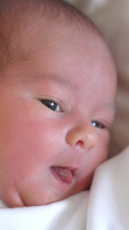 lovely newborn baby portrait. face of an infant baby laying on a bed. hungry little child looking for mother. cute little child.. vertical video