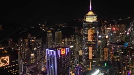 drone shot capturing night view of downtown in hong kong.