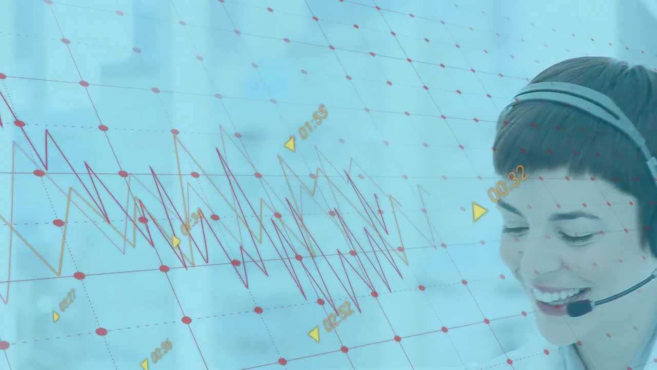 행복한 백인 여성 컨설턴트에 대한 그래프와 숫자의 애니메이션