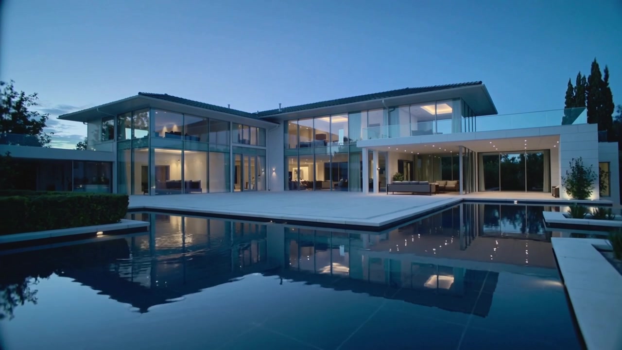 Moving camera capturing glass house with reflecting pool and deck at dusk, showcasing warm lights