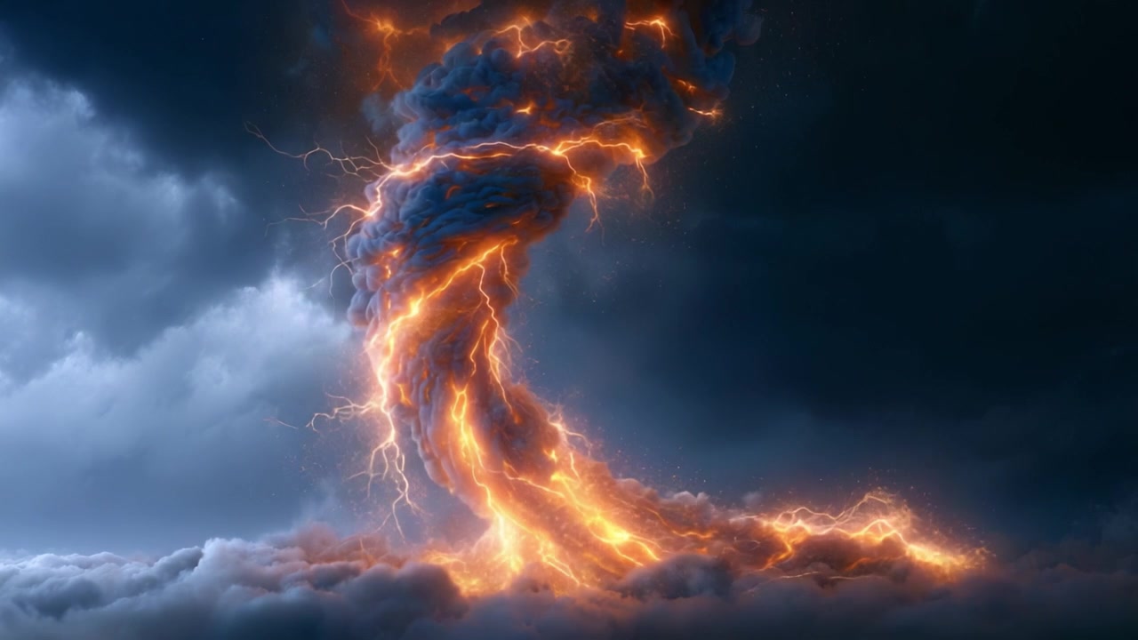 Uno spettacolo dinamico della furia della natura: una nuvola temporalesca elettrizzante scatena fulmini con colori vividi in una formazione a spirale contro un cielo scuro