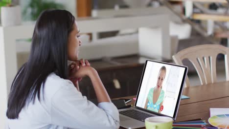 Mujer-Caucásica-Usando-Una-Computadora-Portátil-En-Una-Videollamada-Con-Una-Colega-Que-Trabaja-Desde-Casa