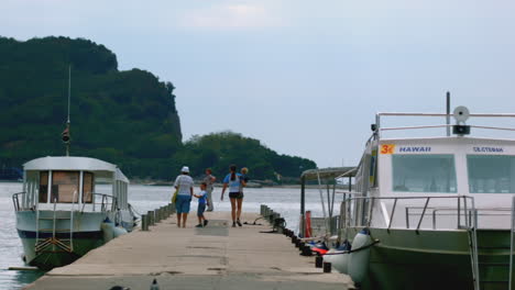 family walking on pier by boats