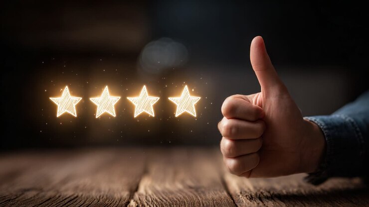 Un'accattivante dimostrazione di approvazione con quattro stelle scintillanti e un gesto di pollice in su, che indica alta soddisfazione e feedback positivo in un'atmosfera buia