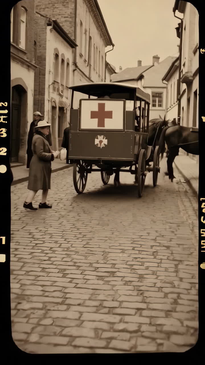 Horse-drawn Red Cross Ambulance in a European City Street