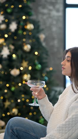 mujer bebiendo cóctel cerca del árbol de navidad