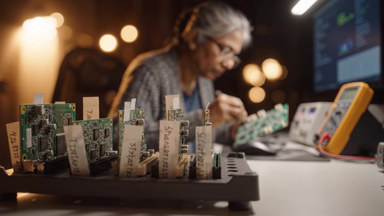 Um técnico experiente trabalha meticulosamente em placas de circuito, rodeado por ferramentas e tecnologia, demonstrando expertise em eletrônica e manuseio de equipamentos.