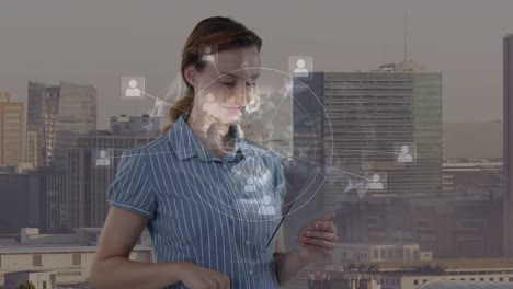 Animation-of-caucasian-businesswoman-using-tablet-and-network-of-connections-over-cityscape