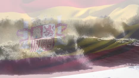 Animation-of-flag-of-spain-blowing-over-crashing-waves-in-sea
