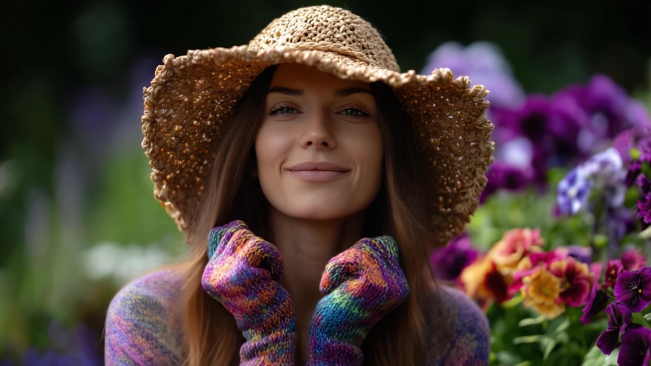 Una mujer sonriente con sombrero de paja y guantes coloridos rodeada de vibrantes flores, capturando la esencia de la naturaleza y la alegría en el entorno del jardín.