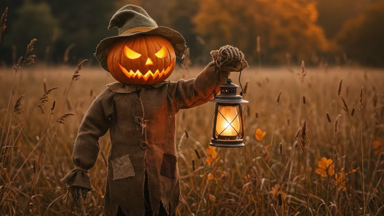 Uno Spaventapasseri Jack-o'-Lantern Inquietante in un Campo di Zucche al Crepuscolo, Illuminato da una Lanterna, Circondato da Campi Dorati e Colori Autunnali