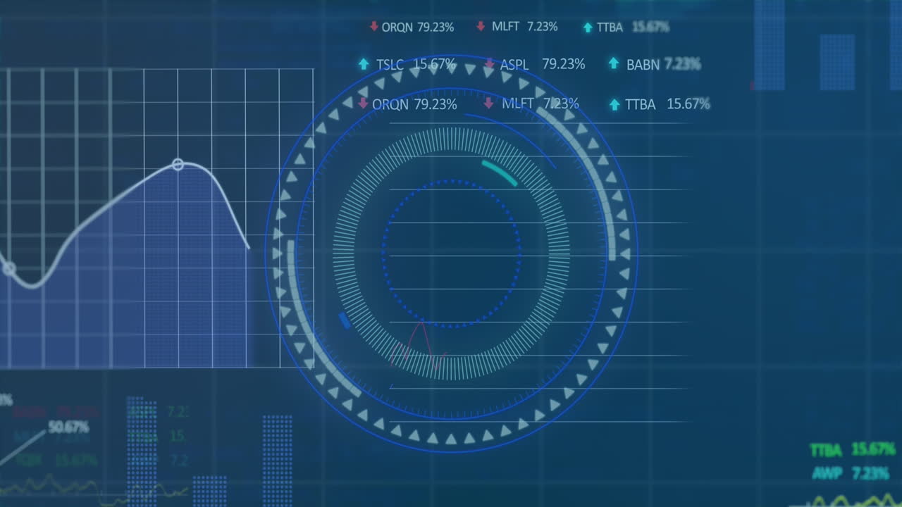 추상적인 배경에 여러 그래프와 거래 보드 위에 조명 된 원의 애니메이션