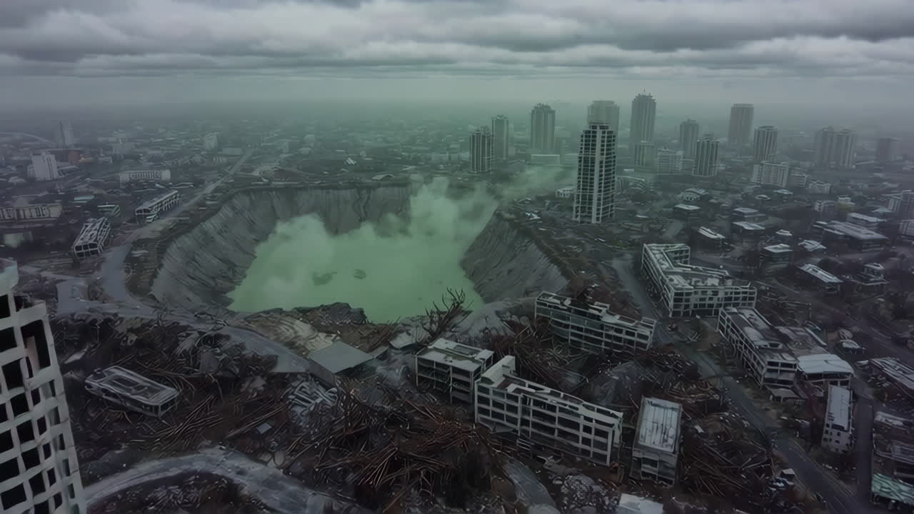 파괴 된 도시 의 공중 사진