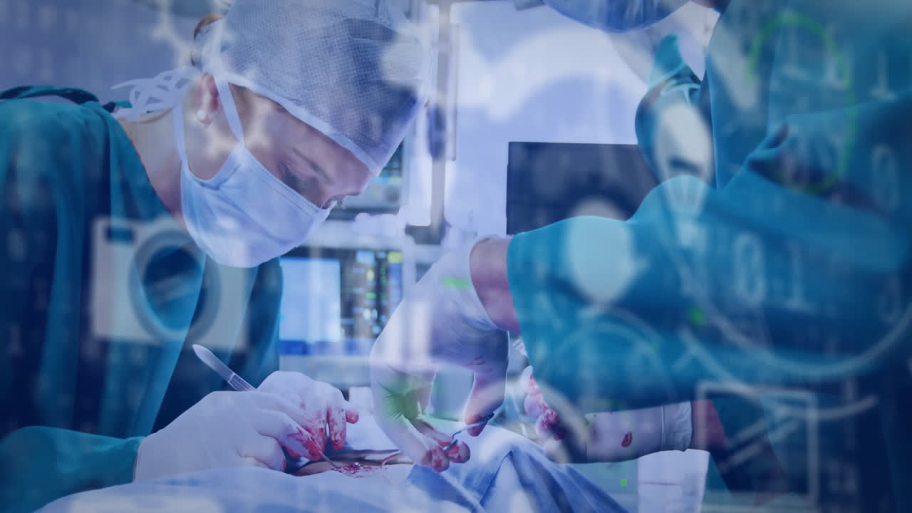 Surgeons performing operation with medical technology animation over surgical scene