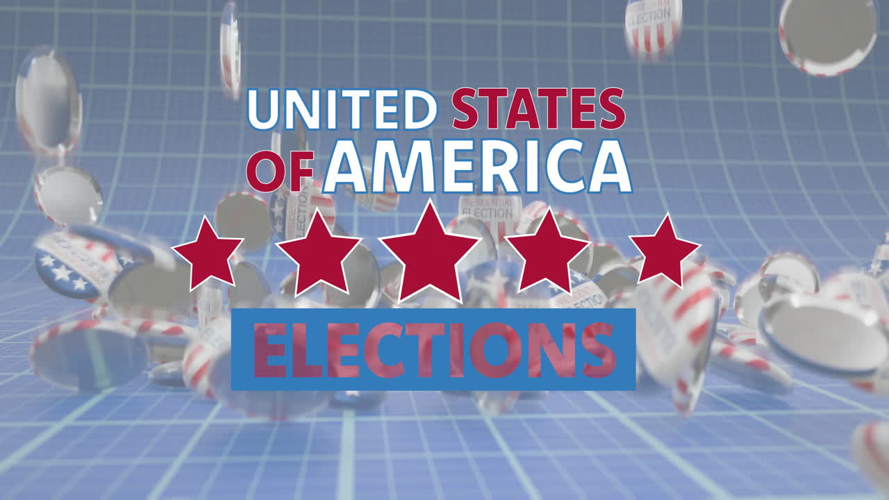 Animation of united states of america elections text over falling american flag election badges
