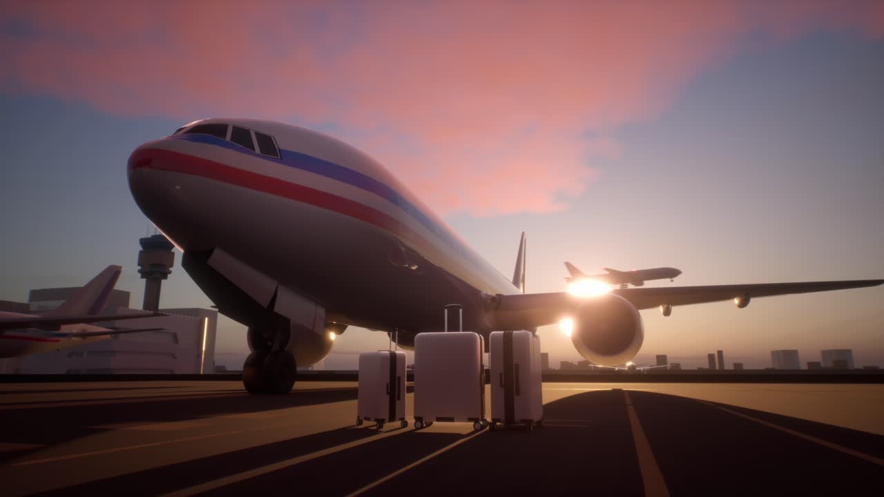 maletas de pie en la pista de aterrizaje delante de un avión durante una noche. nueva marca, blancos, personas extremadamente ricas clase de viaje de negocios