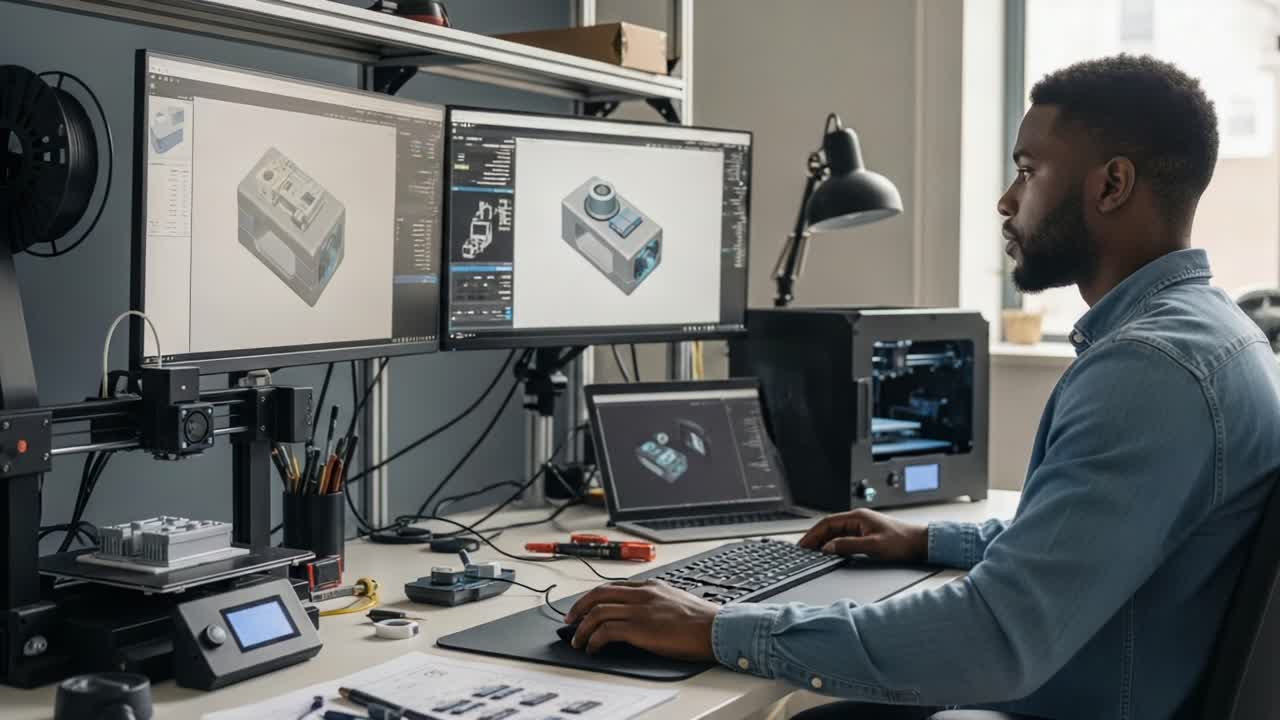 A Designer Engaged in Digital Modeling at a Modern Workspace, Focused on Creating 3D Renderings of Innovative Devices with Advanced Technology Tools