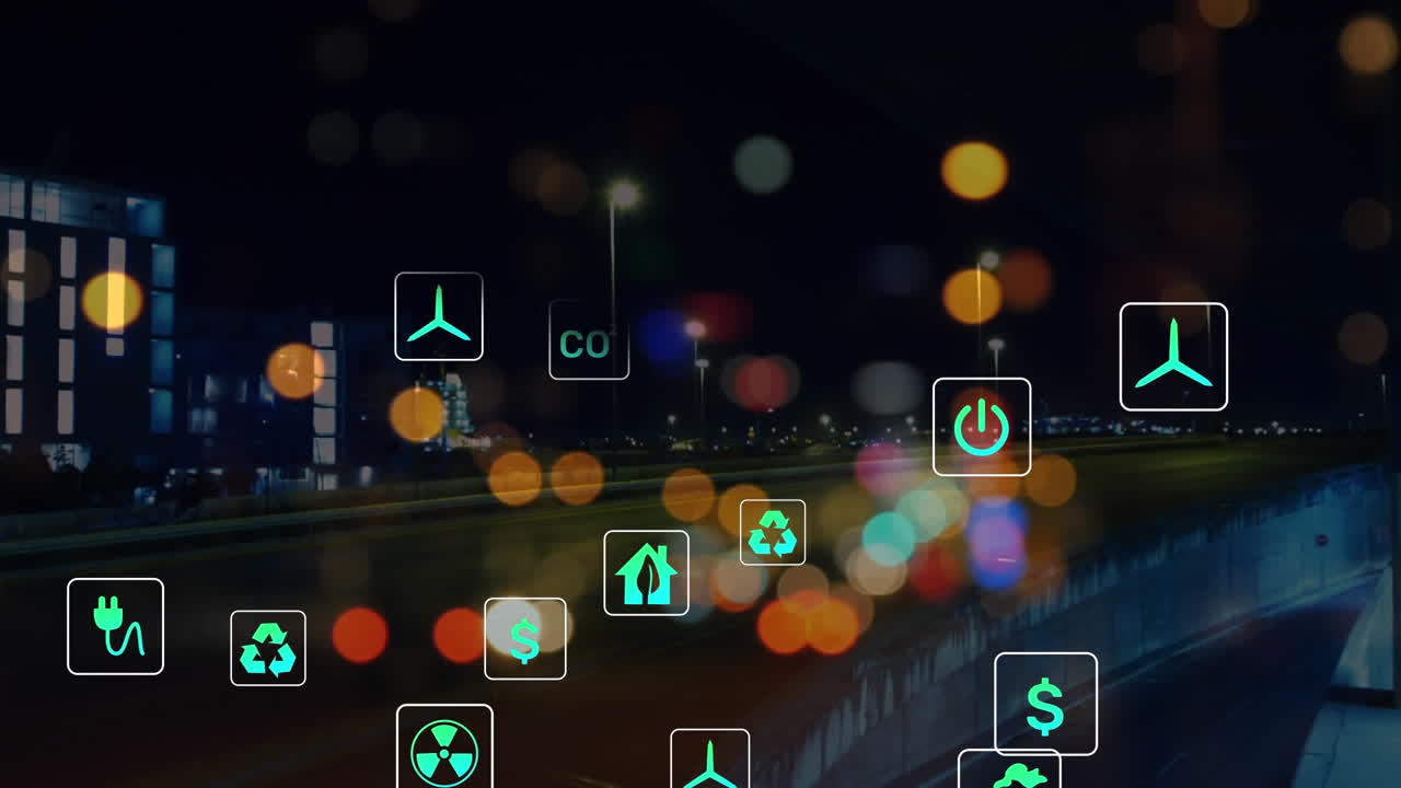 다수의 디지털 아이콘의 애니메이션은 야간 도시 교통의 타임  ⁇ 스 항공 뷰에 대항합니다.