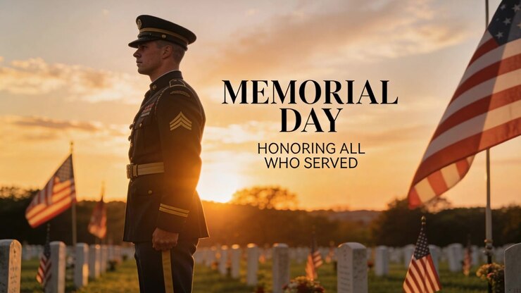 Standing guard in dress at cemetery sunset honoring dead with flags graves MEMORIAL DAY, copy space
