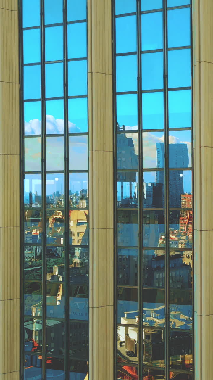 Moderna facciata in vetro di un edificio che riflette lo skyline e il cielo